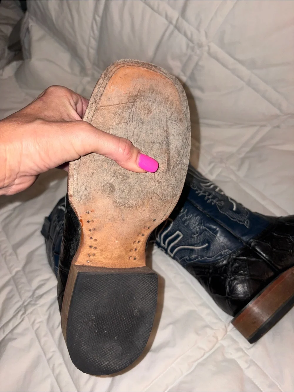 EUC Tanner Mark Mens Fish Print Western leather Boots - Square Toe